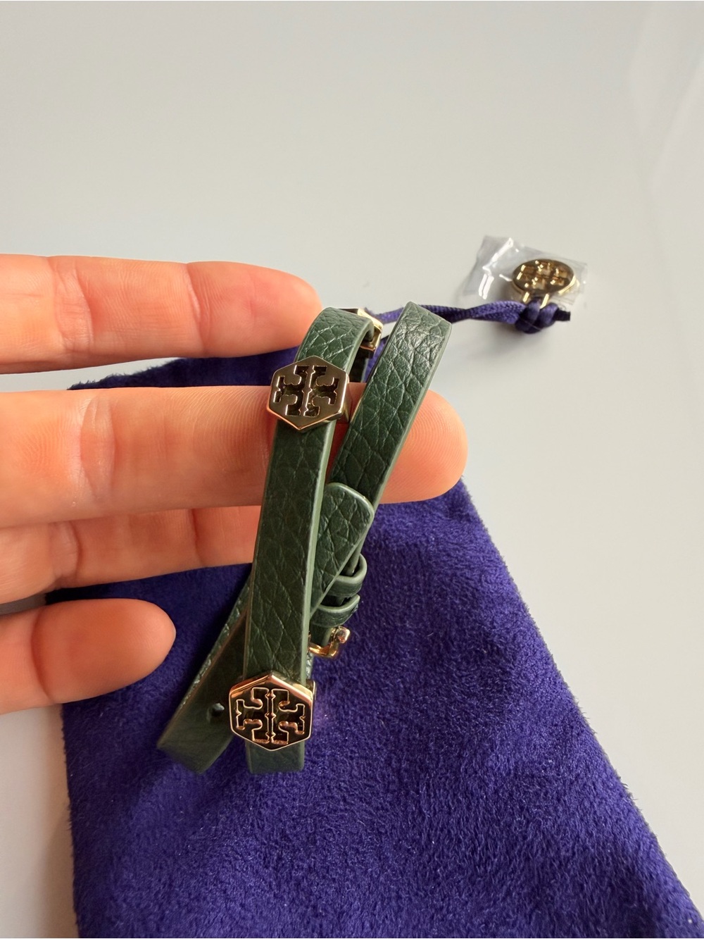 New Tory Burch Double Wrap Olive Green Leather Bracelet with Gold Accents